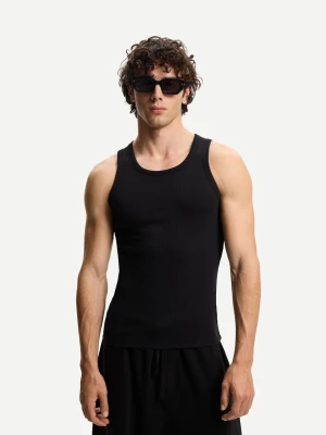 Bershka Koszulka Z Prążkowanej Dzianiny Rib Na Ramiączkach Mężczyzna Czarny