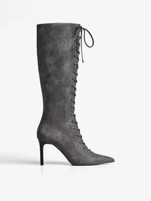 Bershka Kozaki Na Obcasie Ze Sznurowaniem Kobieta Szary