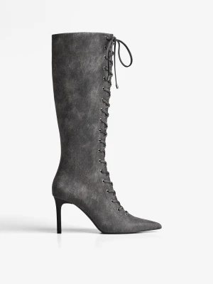 Bershka Kozaki Na Obcasie Ze Sznurowaniem Kobieta Szary