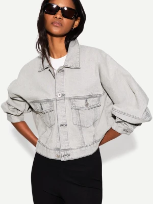 Bershka Cropped Denim Balloon Jacket Kobieta Grey