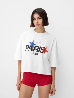 Bershka Krótka Koszulka Z Krótkim Rękawem Paris Kobieta Biały