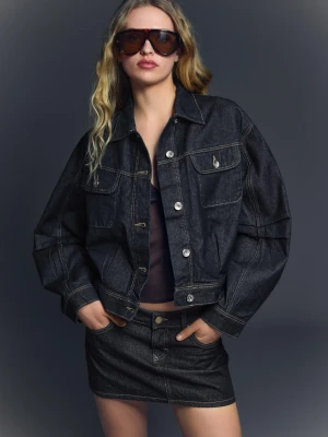Bershka Krótka Kurtka Jeansowa O Kroju Balloon Kobieta Granatowy
