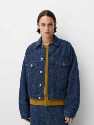 Bershka Krótka Kurtka Jeansowa Tailored Fit Mężczyzna Niebieski