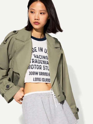 Bershka Krótka Kurtka Trencz Kobieta Khaki