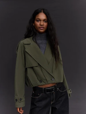 Bershka Krótka Kurtka Trencz O Kroju Balloon Kobieta Khaki