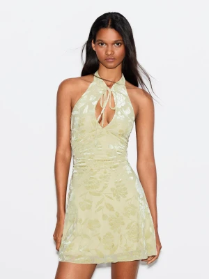 Bershka Krótka Sukienka Typu Halter Z Flokowanego Tiulu Kobieta Zielony