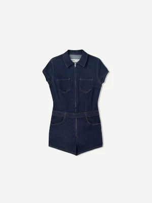 Bershka Krótki Jeansowy Kombinezon Kobieta Granatowy
