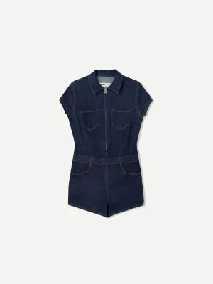 Bershka Krótki Jeansowy Kombinezon Kobieta Granatowy
