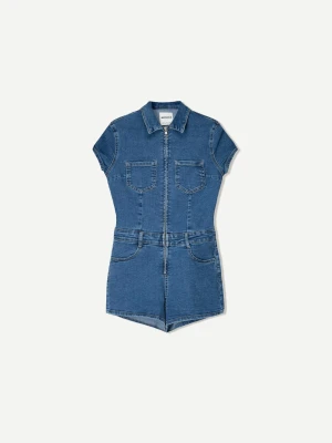 Bershka Krótki Jeansowy Kombinezon Kobieta Wyblakły Niebieski