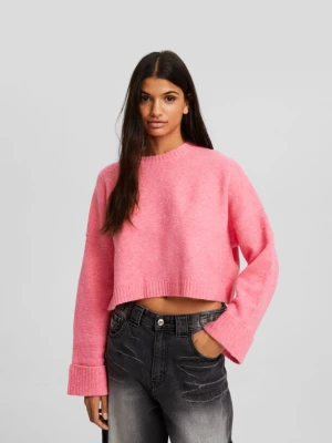 Bershka Krótki Sweter Z Okrągłym Dekoltem Kobieta Różowy