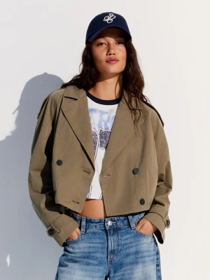 Bershka Krótki Trencz Z Zakładkami Kobieta Ciemnobeżowy