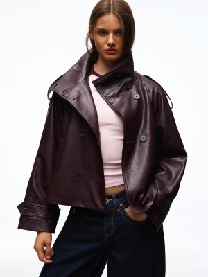 Bershka Krótki Trencz Ze Sztucznej Skóry Kobieta Bordowy