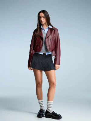 Bershka Kurtka Biker Ze Sztucznej Skóry Kobieta Bordowy