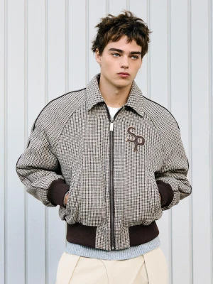 Bershka Kurtka Bomber Z Flauszu W Pepitkę Mężczyzna Szary