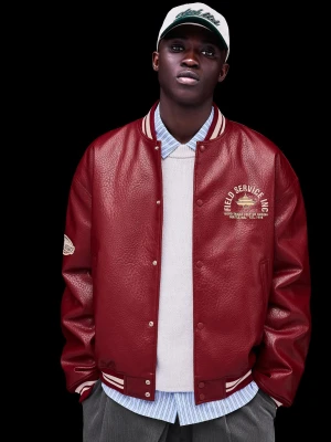 Bershka Kurtka Bomber Ze Sztucznej Skóry Z Nadrukiem Mężczyzna Czerwony