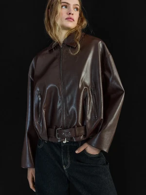Bershka Kurtka Bomber Ze Sztucznej Skóry Z Paskiem Kobieta Brązowy