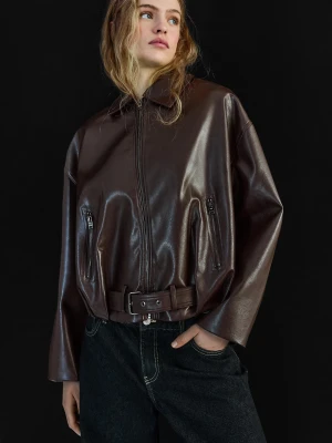 Bershka Kurtka Bomber Ze Sztucznej Skóry Z Paskiem Kobieta Brązowy