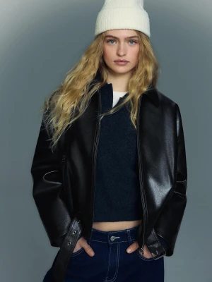 Bershka Kurtka Bomber Ze Sztucznej Skóry Z Paskiem Kobieta Czarny