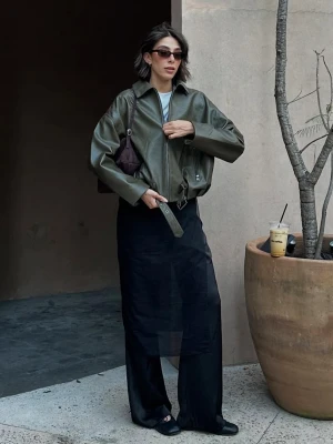 Bershka Kurtka Bomber Ze Sztucznej Skóry Z Paskiem Kobieta Khaki