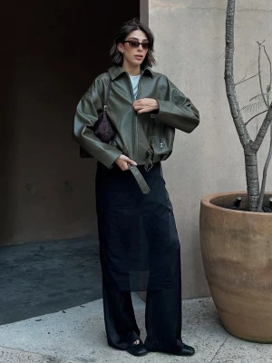 Bershka Kurtka Bomber Ze Sztucznej Skóry Z Paskiem Kobieta Khaki