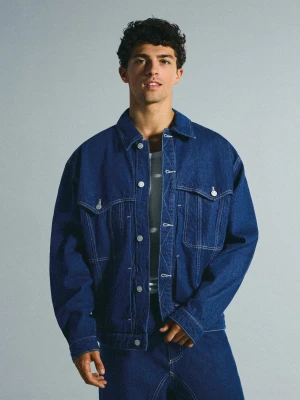 Bershka Kurtka Denim Mężczyzna Granatowy