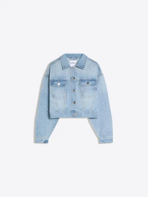 Bershka Kurtka Denim O Krótszym Kroju Błyszcząca Kobieta Wyblakły Niebieski