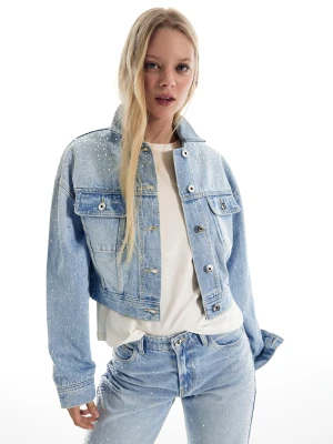 Bershka Kurtka Denim O Krótszym Kroju Błyszcząca Kobieta Wyblakły Niebieski
