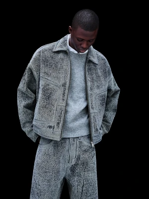 Bershka Kurtka Denim Z Fakturą Mężczyzna Wyblakły Niebieski