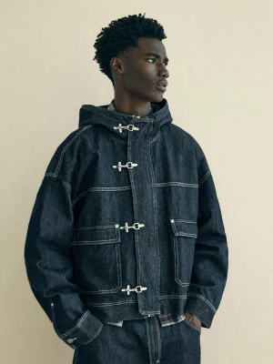 Bershka Kurtka Denim Z Kapturem I Guzikami Z Pętelkami Mężczyzna Granatowy