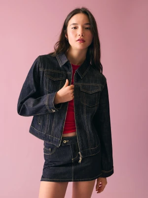 Bershka Kurtka Denim Z Zamkiem Kobieta Granatowy