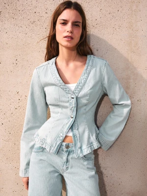 Bershka Kurtka Jeansowa Peplum W Paski Kobieta Jasnoniebieski