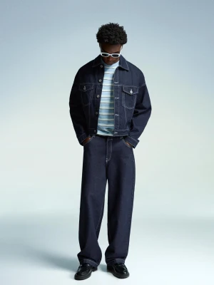 Bershka Kurtka Jeansowa Trucker Mężczyzna Granatowy