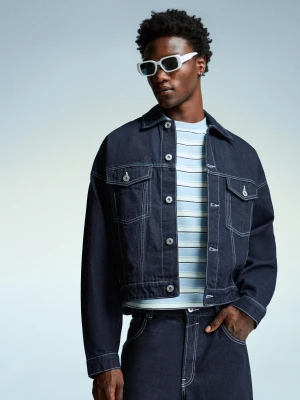 Bershka Kurtka Jeansowa Trucker Mężczyzna Granatowy