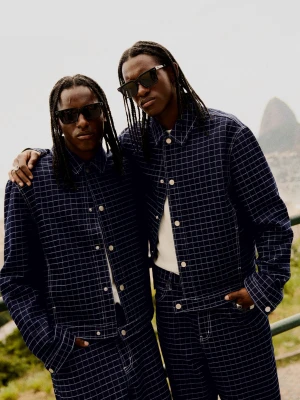 Bershka Kurtka Jeansowa W Kratę Mężczyzna Niebieski