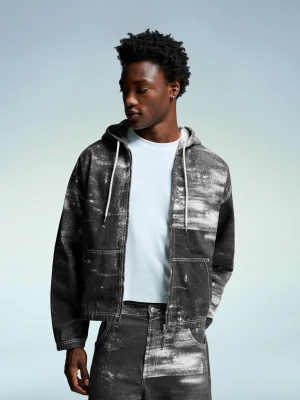 Bershka Kurtka Jeansowa Z Nadrukiem Mężczyzna Czarny
