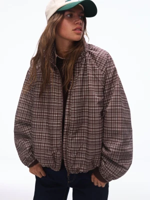 Bershka Kurtka Oversize W Kratę Z Zamkiem Kobieta Xs-S Brązowy