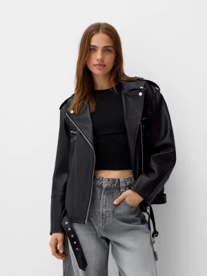 Bershka Kurtka Oversize W Stylu Biker Ze Sztucznej Skóry Kobieta Czarny