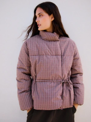 Bershka Kurtka Pikowana Oversize Krata Dwurzędowa Kobieta Bordowy