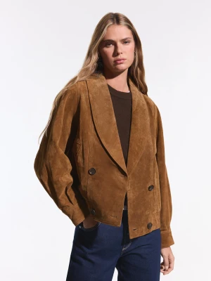 Bershka Kurtka Skórzana Zamszowa Krzyżowa Kobieta Brązowy