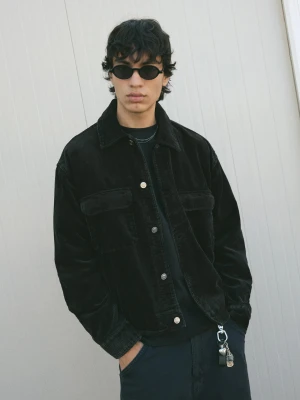 Bershka Kurtka Sztruksowa Boxy Mężczyzna Czarny