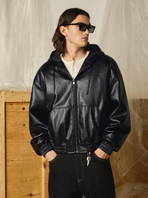 Bershka Kurtka Z Kapturem Ze Sztucznej Skóry Mężczyzna Czarny