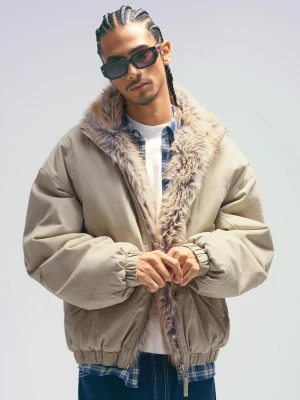Bershka Kurtka Z Kołnierzem Z Efektem Futra Mężczyzna Kremowy
