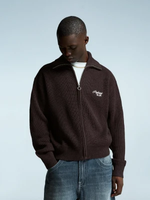 Bershka Kurtka Z Zamkiem Błyskawicznym I Haftem Mężczyzna Brązowy