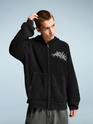 Bershka Kurtka Z Zamkiem I Nadrukiem Mężczyzna Czarny