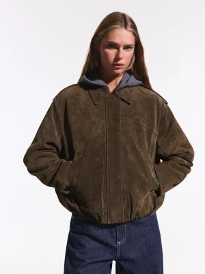 Bershka Kurtka Z Zamszowej Skóry Kobieta Xs-S Khaki