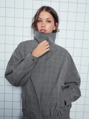Bershka Kurtka Ze Stójką W Kratę Kobieta Szary