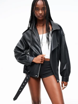 Bershka Kurtka Ze Sztucznej Skóry Z Paskiem Kobieta Czarny