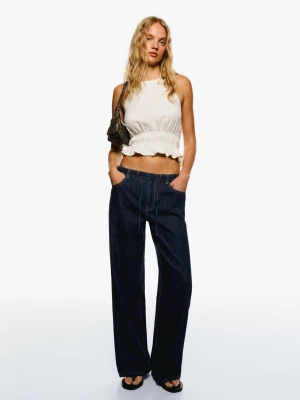 Bershka Lekkie Jeansy Wide Leg Kobieta Granatowy