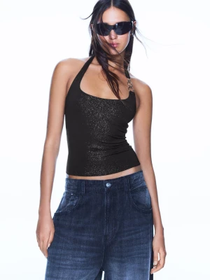 Bershka Luźny Top Dopasowany Z Oczkami Kobieta Czarny