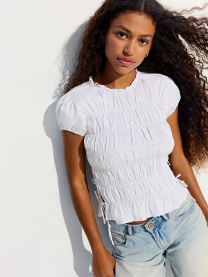 Bershka Marszczona Koszulka Z Bocznymi Wiązaniami Kobieta Biały